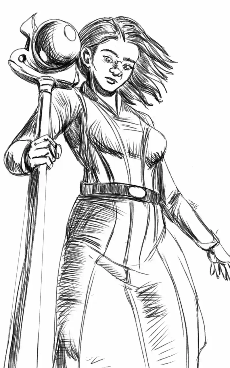 A black-and-white sketch shows a female character with long hair, wearing a belted outfit, holding a staff topped with a…