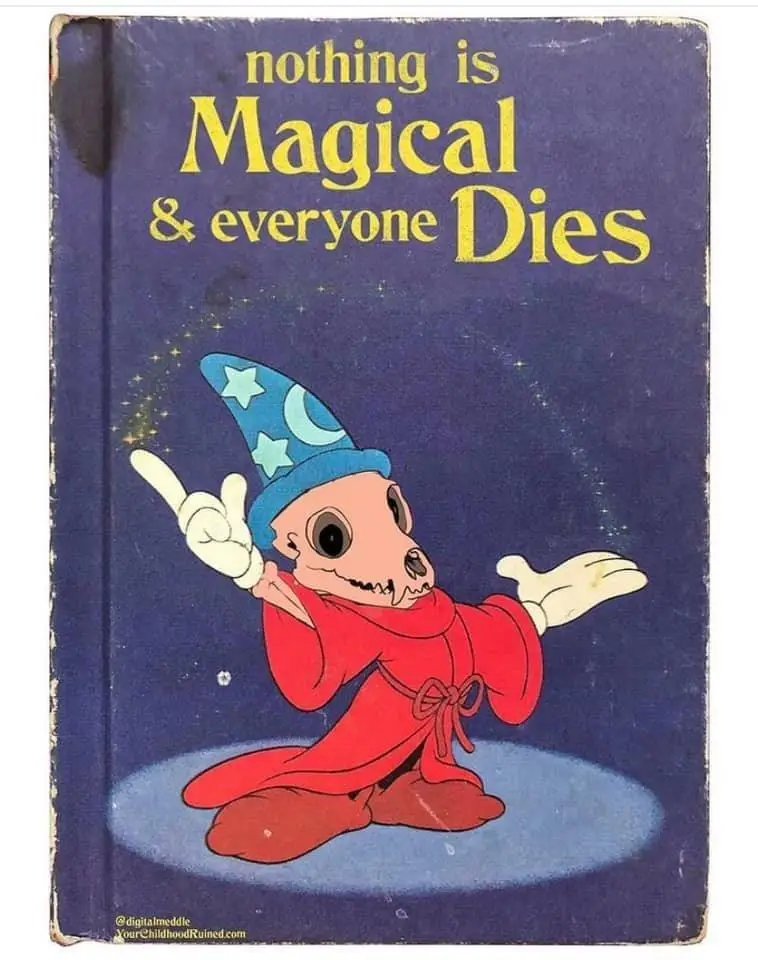 A worn, vintage-style book cover shows a cartoon skeleton dressed as a wizard in a red robe and blue hat with stars and…