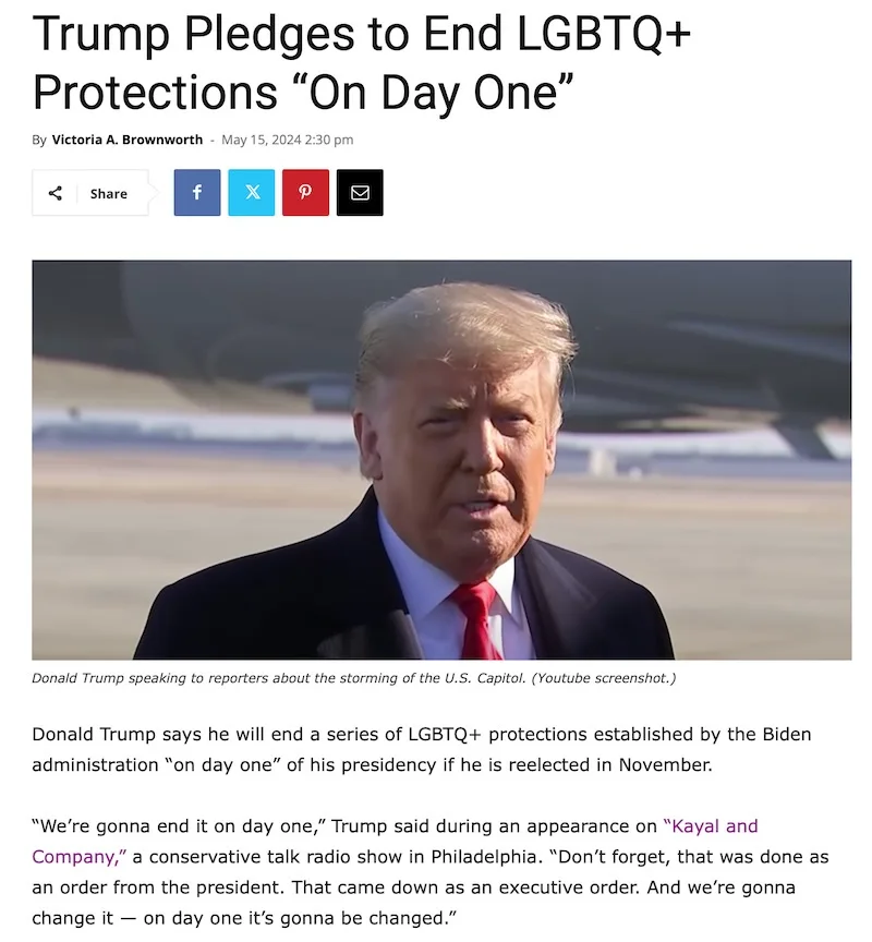 A screenshot of a news article shows Donald Trump speaking outdoors, wearing a dark suit and red tie, with an airplane…