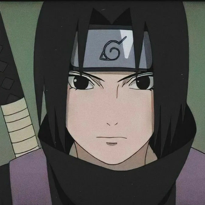 A close-up of the anime character Itachi Uchiha from Naruto, wearing his headband and cloak, with a calm, slightly stern…