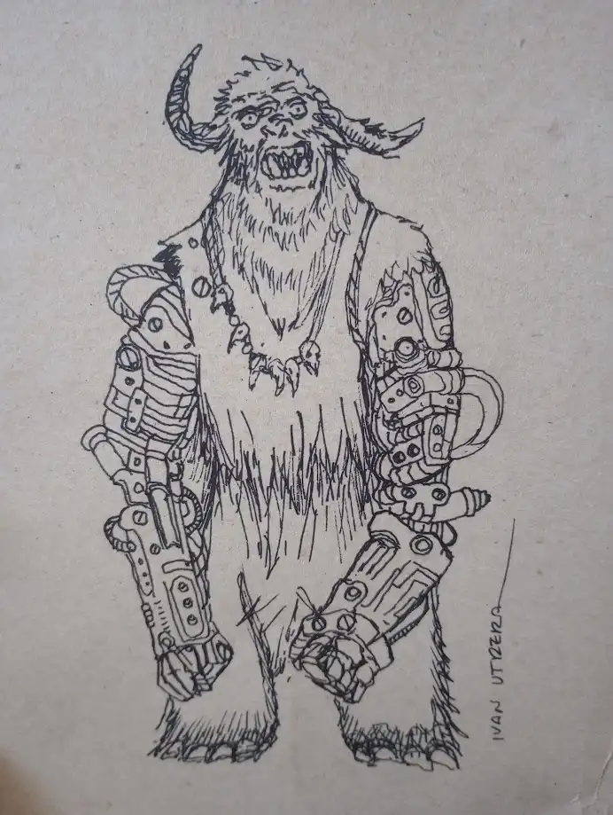 A black-and-white line drawing depicts a furry, horned, monstrous humanoid figure with a menacing expression, wearing…