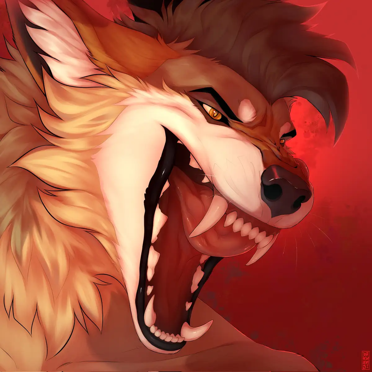 A digitally illustrated anthropomorphic wolf with fiery orange and brown fur, baring sharp teeth and glowing amber eyes in a…