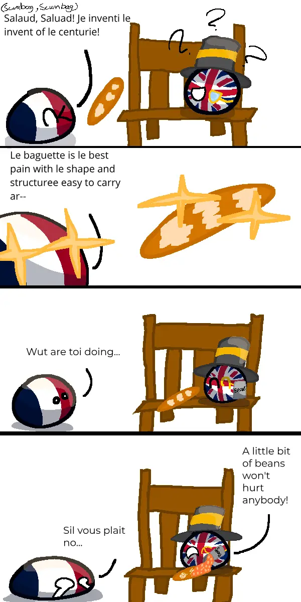 A four-panel cartoon depicts a French countryball enthusiastically presenting a baguette to a British countryball wearing a…