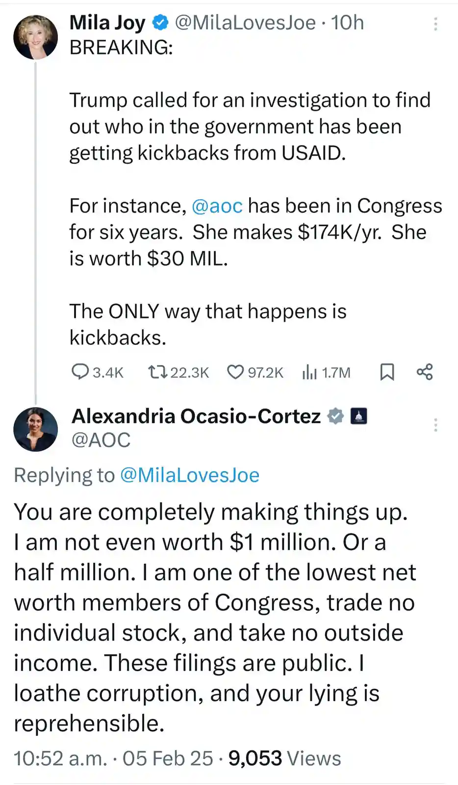 A screenshot of a Twitter thread shows Mila Joy claiming Trump called for an investigation into kickbacks from USAID…