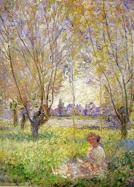 An impressionist painting shows a person sitting in a grassy field under trees, with a village visible in the distance. The…