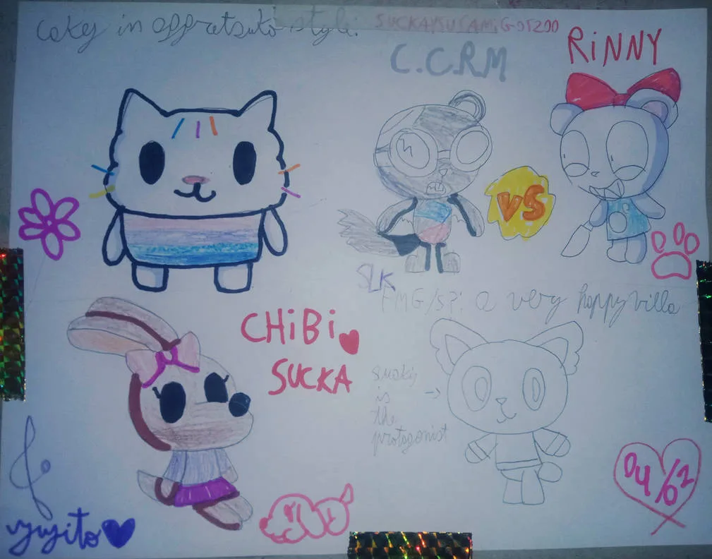 A hand-drawn fan art sheet features four chibi-style cartoon characters: a cat labeled 'C.C.RM' facing off against a bear…