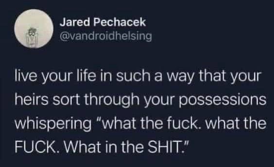 A screenshot of a tweet by Jared Pechacek (@vandroidhelsing) with a dark background and white text. The tweet reads: 'live…