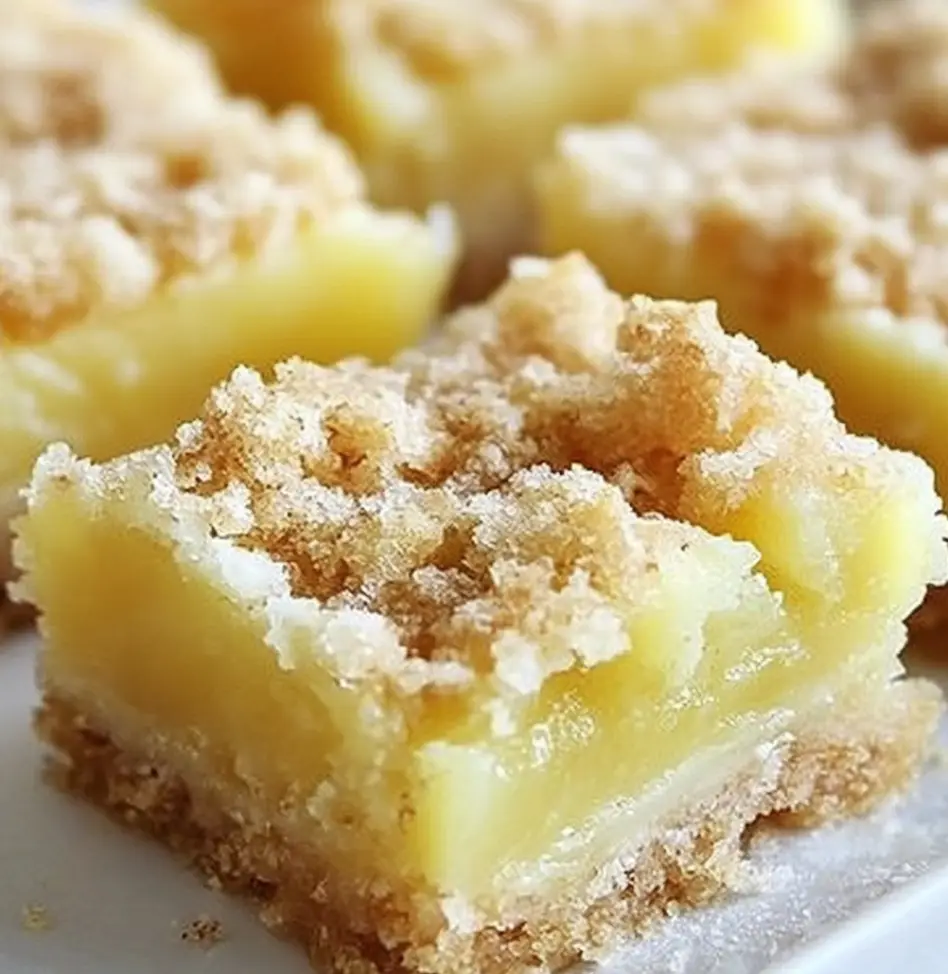 A close-up photo of several square-cut lemon bars with a crumbly, sugary topping and a bright yellow lemon curd filling…