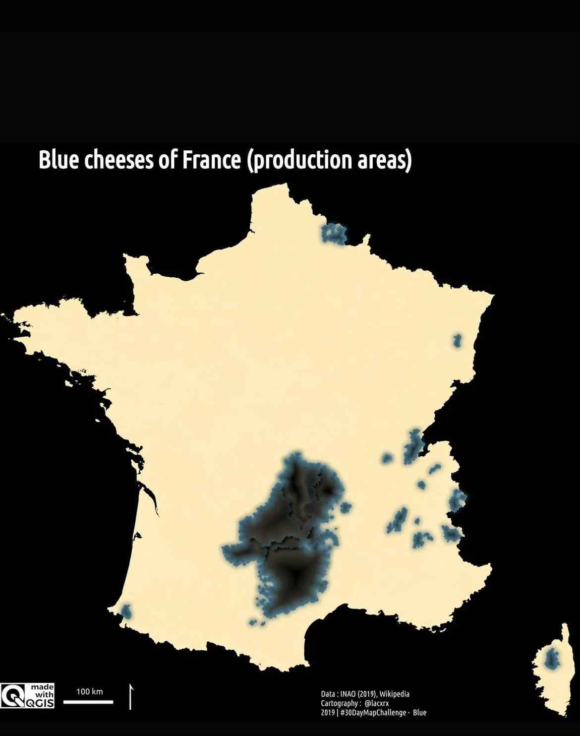 A map of France with dark blue splotches indicating blue cheese production areas, mostly concentrated in the south-central…