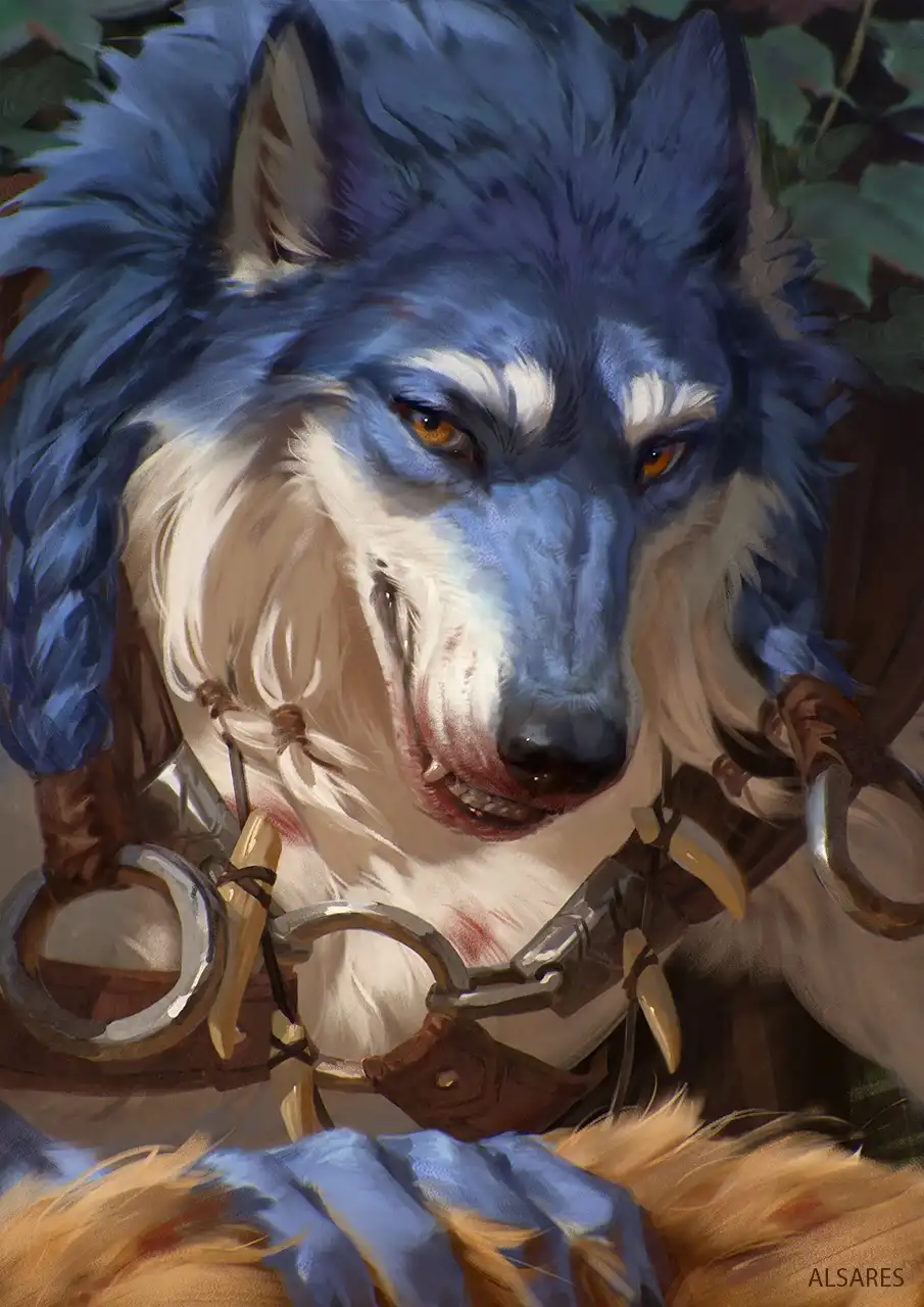 A digitally painted blue and white wolf with amber eyes, wearing a brown leather harness with metal rings and bone-like…