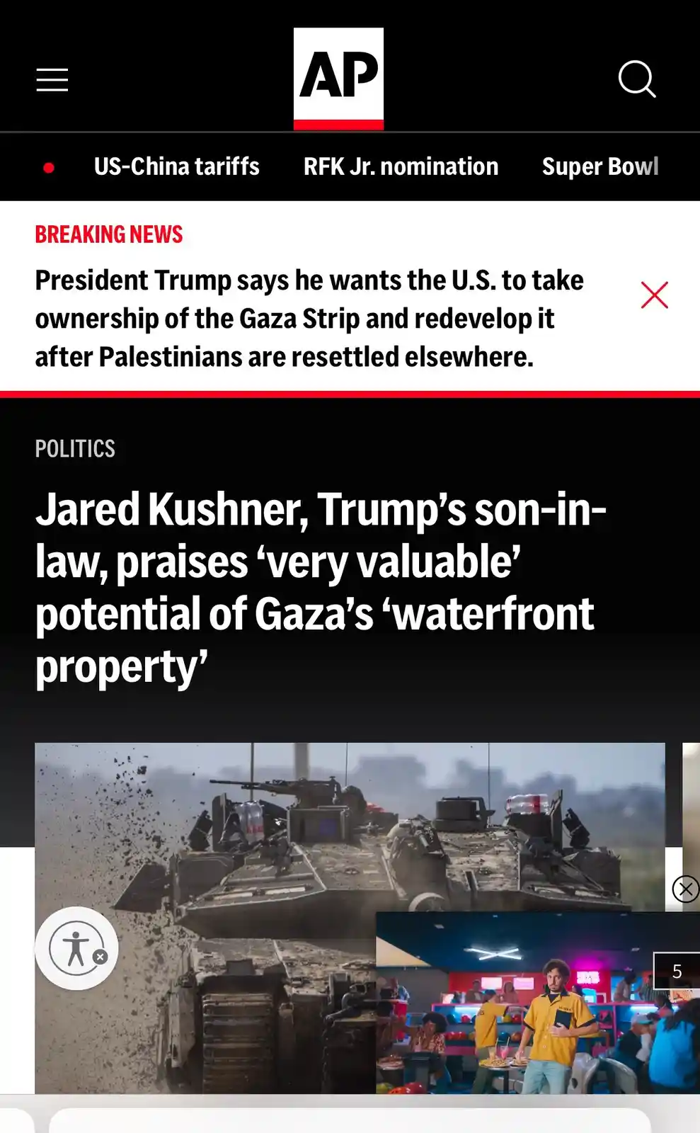 The image shows a screenshot of an AP news app with two headlines about Trump and Kushner's comments on Gaza. The top…