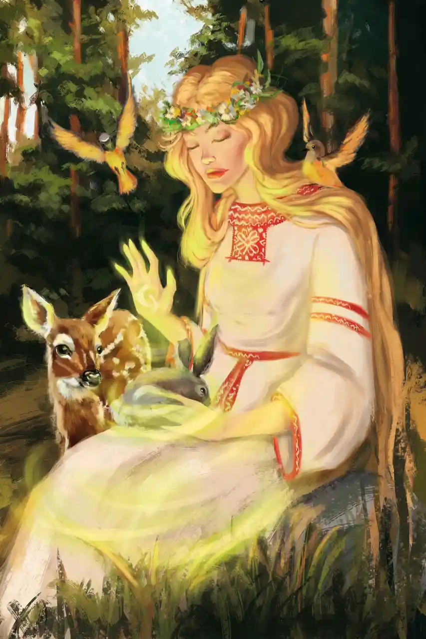 A serene, blonde woman with a floral crown sits in a forest, gently holding a small rabbit while a fawn looks on. Two small…