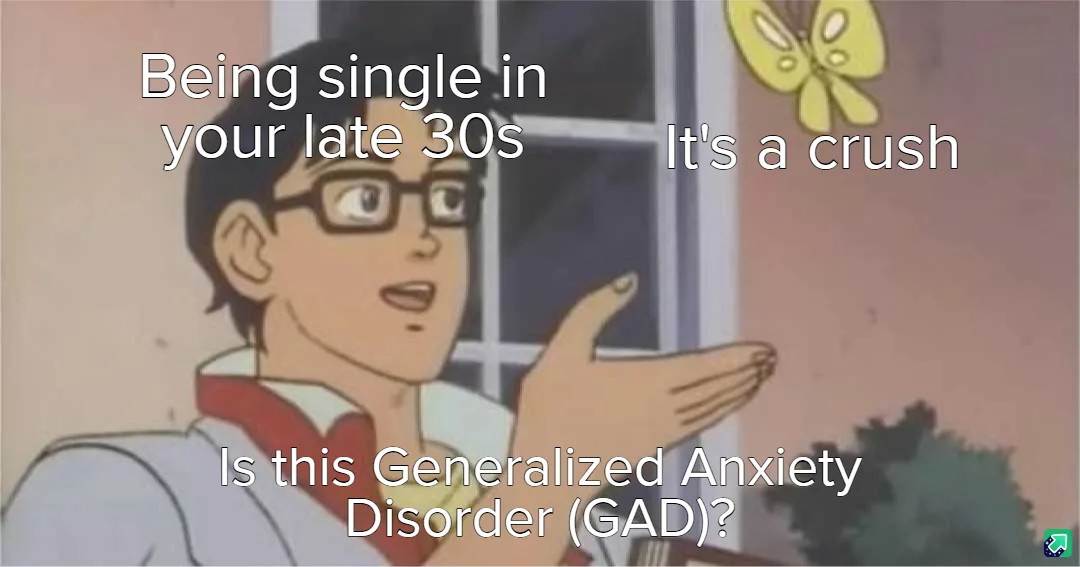 An anime character with glasses gestures toward a butterfly while text overlays read 'Being single in your late 30s' and…