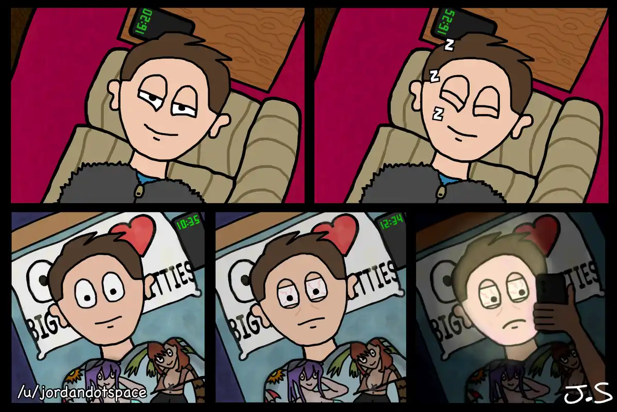 A four-panel comic shows a cartoon man relaxing in a chair at 16:20, then sleeping with 'z's above his head at 16:21. Later…