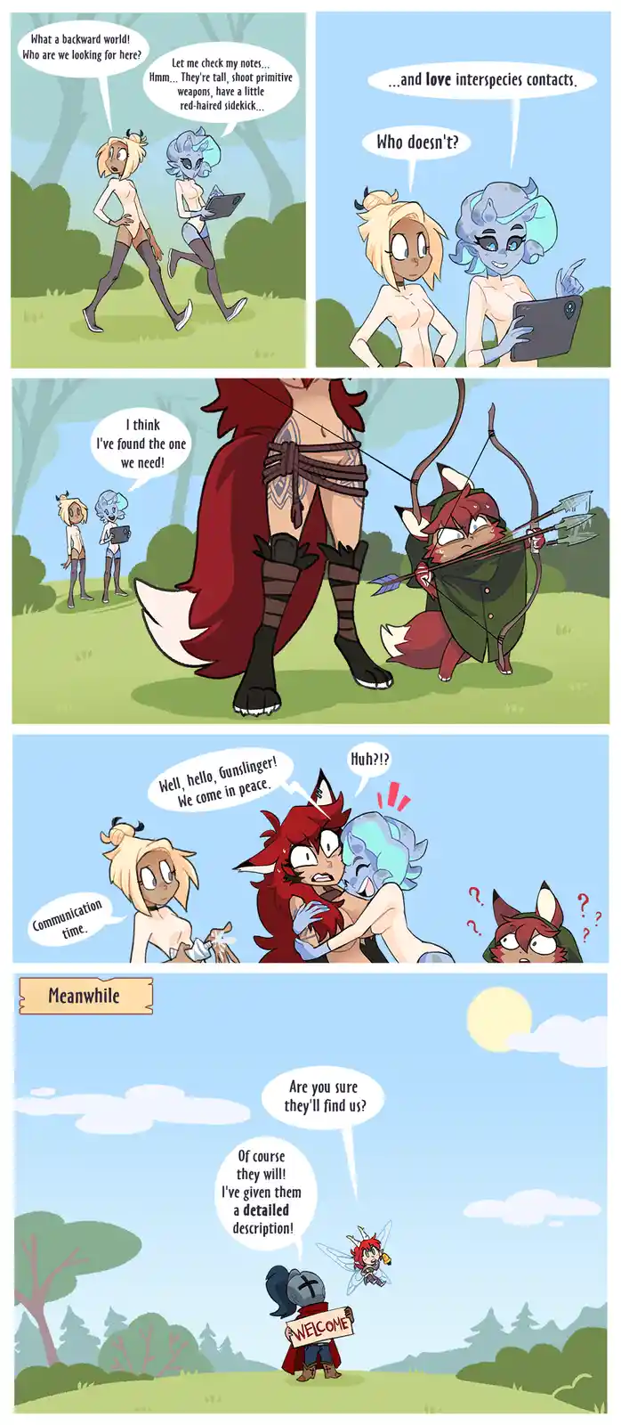 A five-panel comic strip featuring two alien characters searching for a target based on a detailed description. They find a…