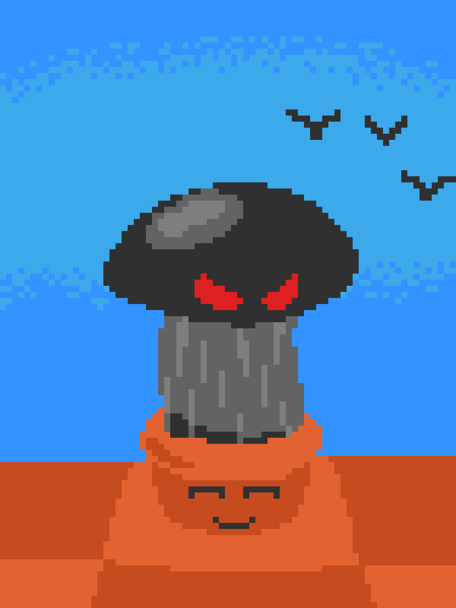 A pixel art image shows a cartoonish orange character with a smug expression, wearing a grey helmet with red glowing eyes…