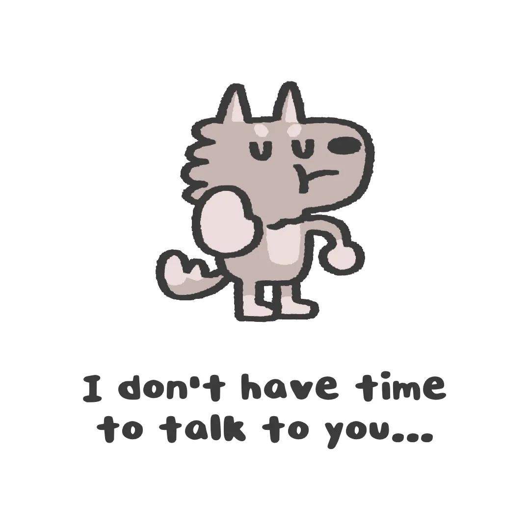 A cartoon drawing of a gray, anthropomorphic wolf with a tired or annoyed expression, standing upright with one arm raised…