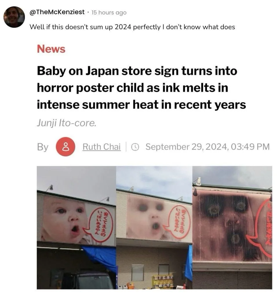A three-panel image shows a store sign with a baby's face that progressively melts and distorts into a horror-like visage…