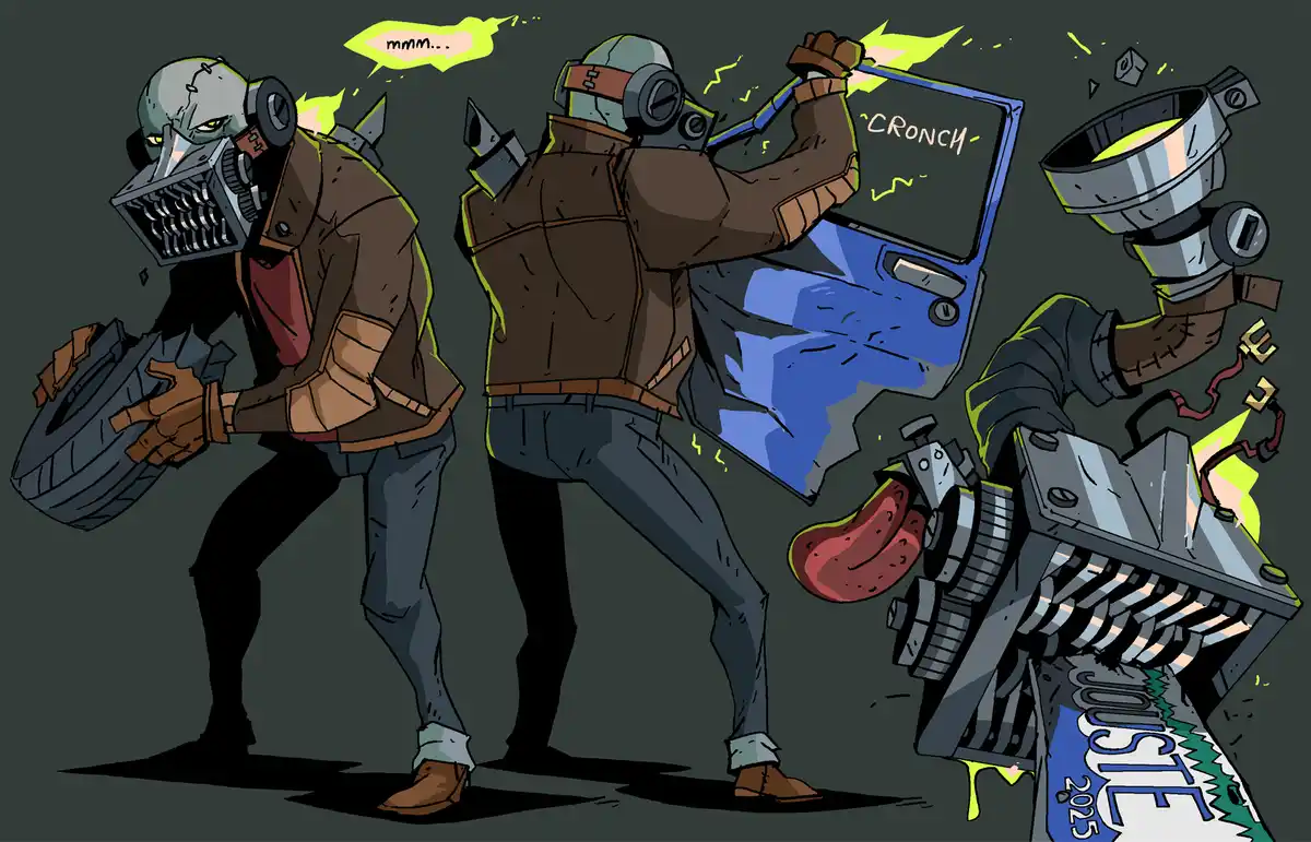 Three cartoonish, masked, post-apocalyptic figures are shown in a row. The leftmost figure holds a tire and has a speech…