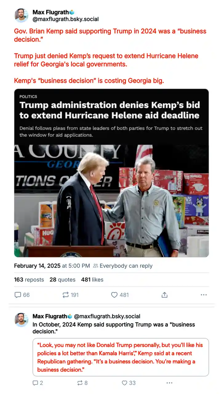 The image shows a photo of Donald Trump and Georgia Governor Brian Kemp standing beside a pile of disaster relief supplies…