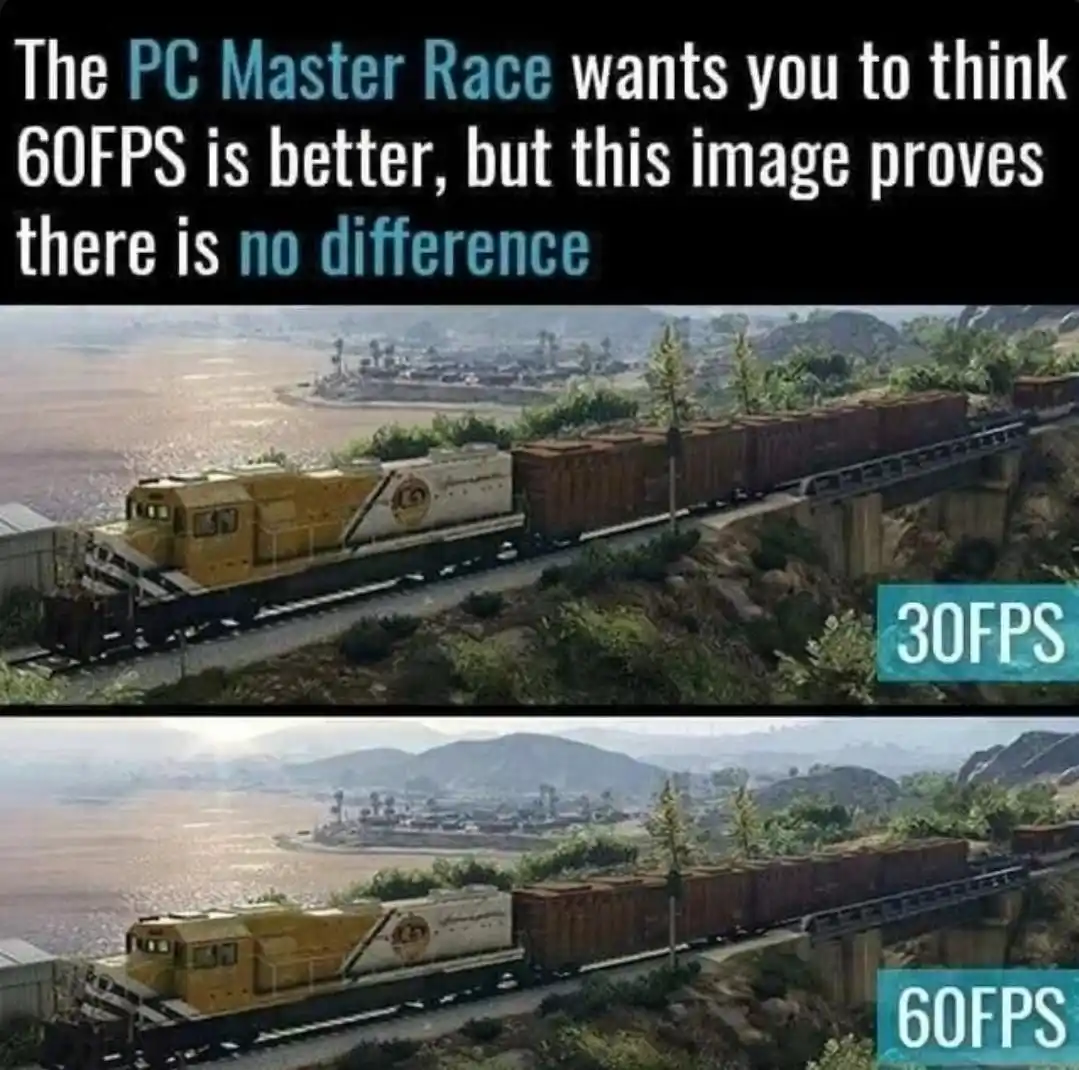 The image displays two nearly identical screenshots of a train crossing a bridge in a video game. The top image is labeled…