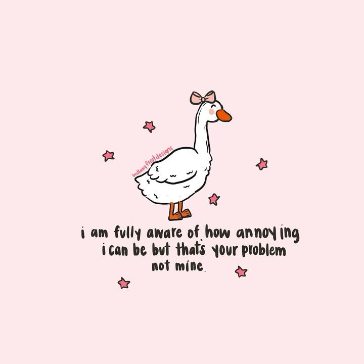 A cartoon white goose with a pink bow on its head stands against a light pink background with scattered pink stars. The…