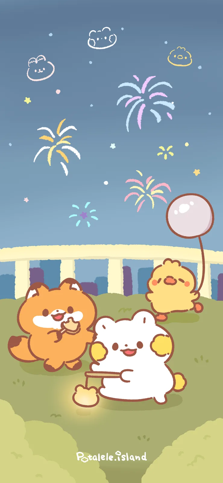 Three cute cartoon animals—a fox, a white creature with yellow ears, and a yellow chick—are celebrating outdoors under a…