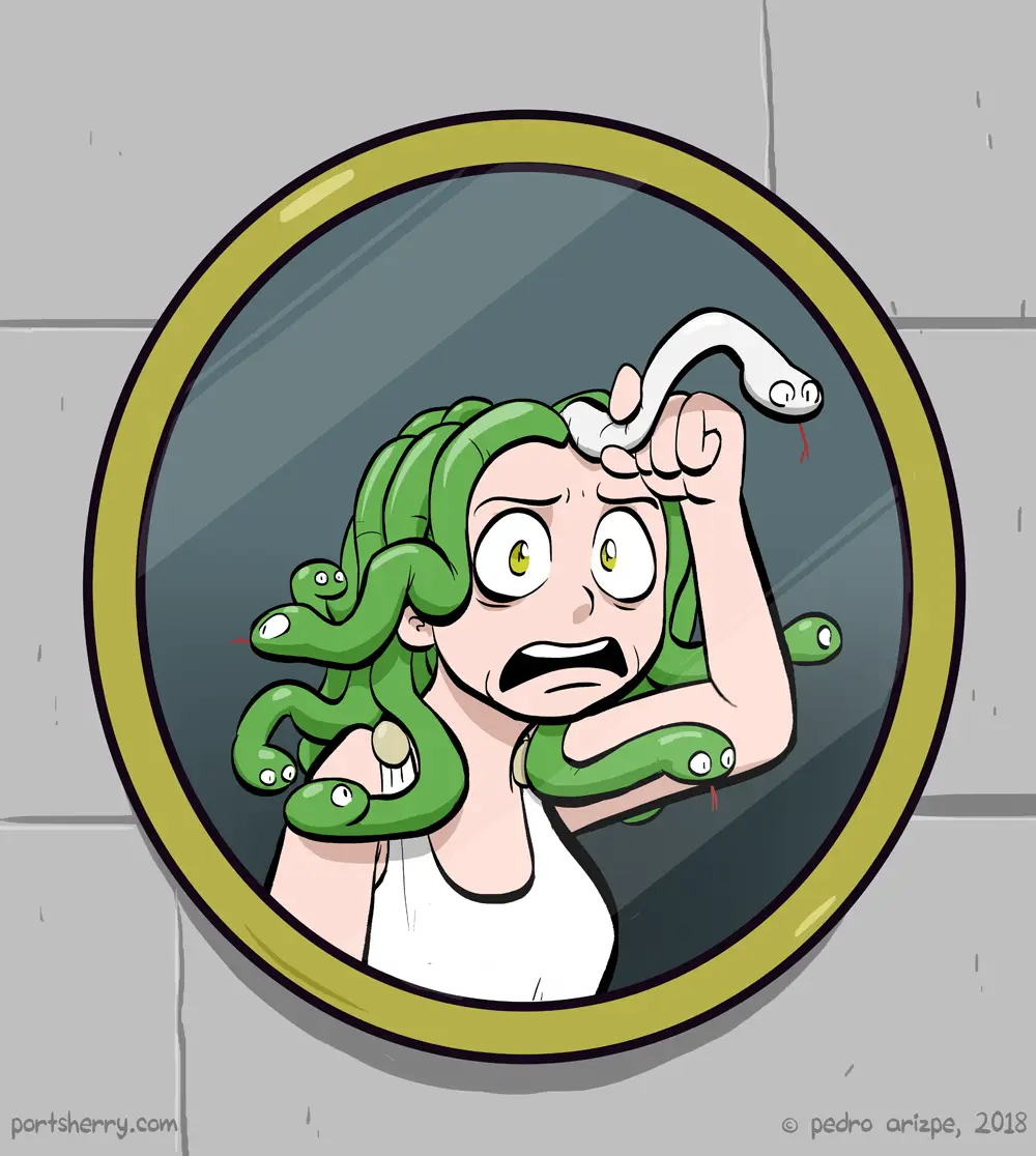 A cartoon woman with green snakes for hair, looking horrified as she pulls one snake from her head, reflected in a round…