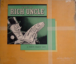 The image shows the cover of a vintage Parker Brothers board game titled 'Game of Rich Uncle'. It features a cartoon…