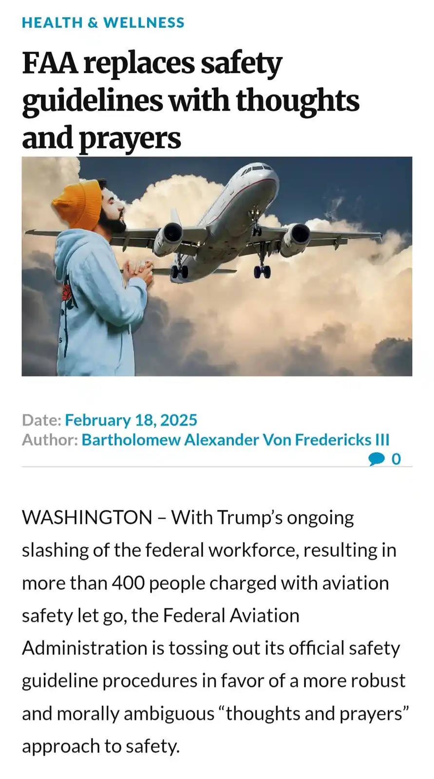 A satirical news article mock-up shows a man in a yellow beanie and blue hoodie praying as a large commercial airplane flies…