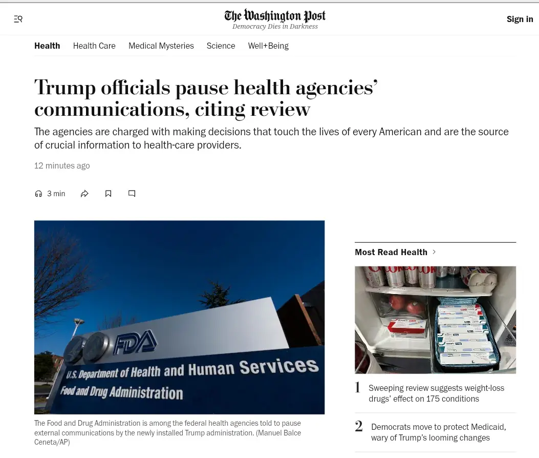 A screenshot of a Washington Post article headline about Trump officials pausing health agency communications. The image…