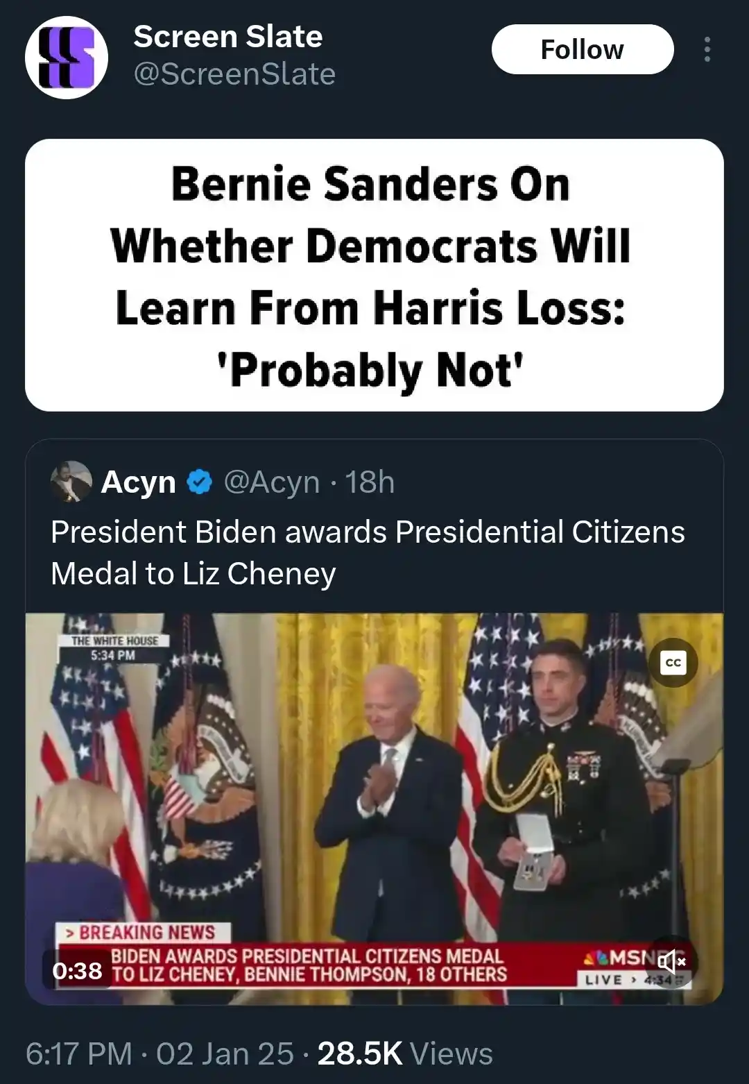 A screenshot of a Twitter post by 'Screen Slate' featuring a video clip of President Biden awarding the Presidential…