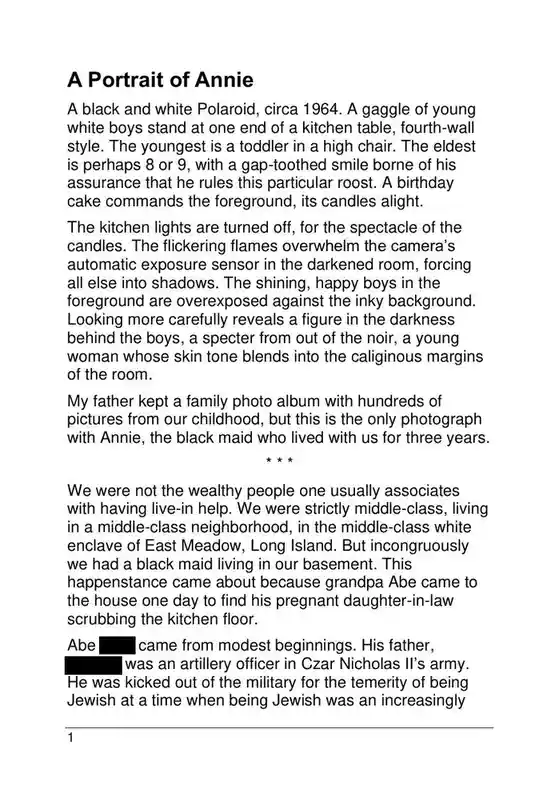 The image displays a page from a text document titled 'A Portrait of Annie,' describing a 1964 Polaroid photo of white boys…