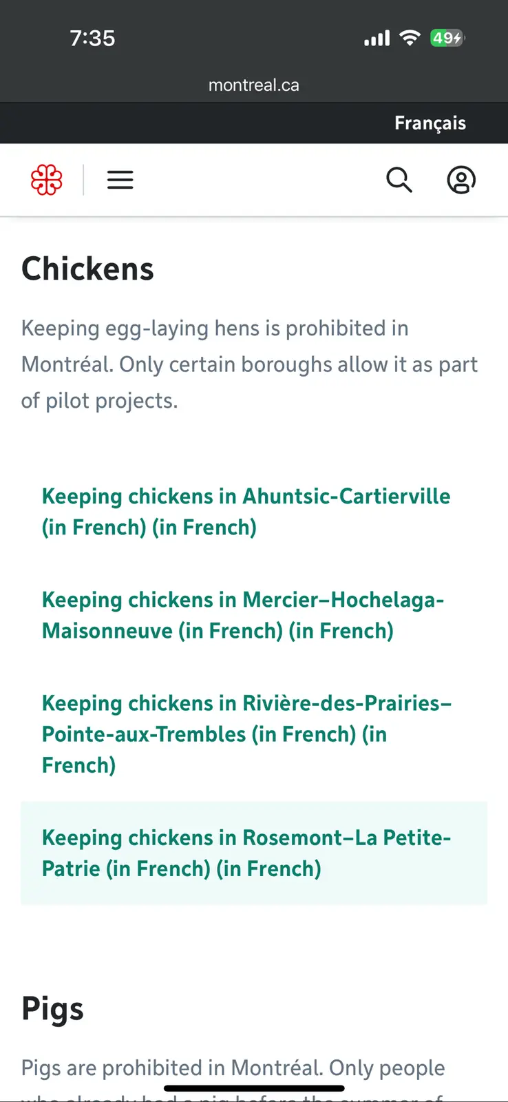 A screenshot of the Montreal.ca website shows a section titled 'Chickens' stating egg-laying hens are generally prohibited…