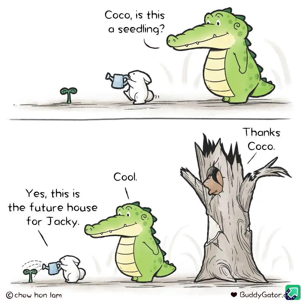 A two-panel cartoon shows a small white rabbit watering a tiny plant while a green crocodile asks if it's a seedling. In the…