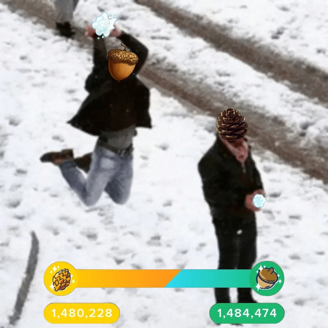 Two people are standing in a snowy area, one is jumping with an acorn emoji over their head and the other is standing still…