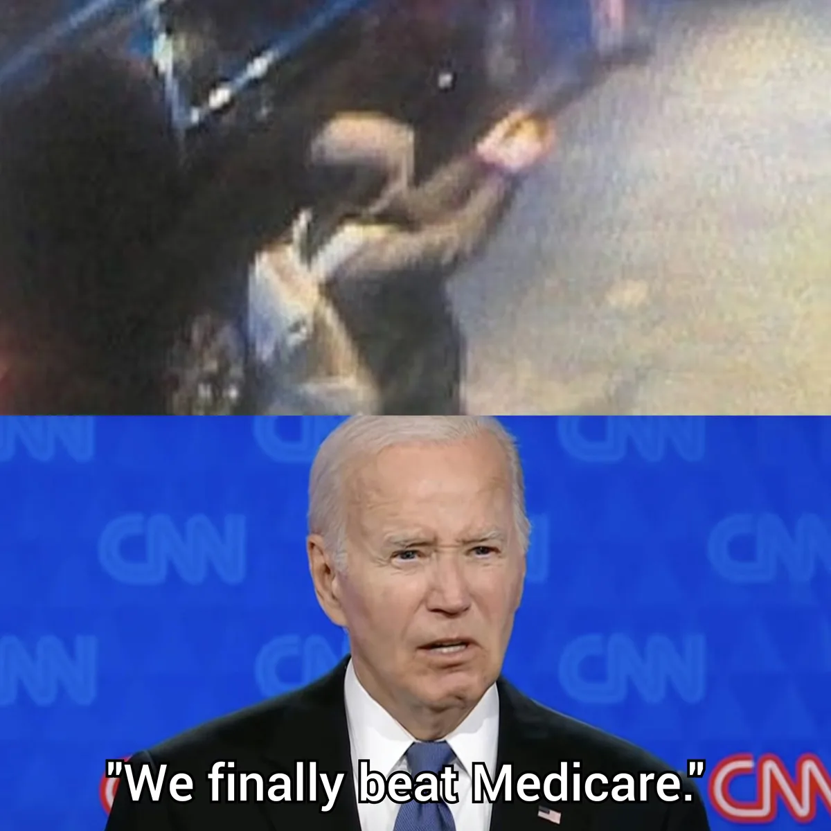 The image is a two-panel meme. The top panel shows a blurry, low-resolution security camera image of a person in a dark…