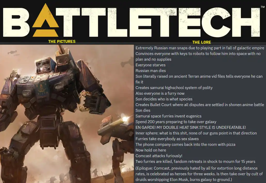 The image displays the 'BATTLETECH' game logo above a split-screen: left side shows a large, battle-worn mech in a dusty…