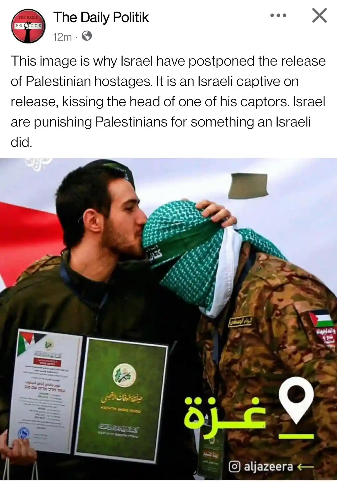 An Israeli man in a green uniform kisses the head of a Palestinian soldier wearing a green-and-white keffiyeh and camouflage…