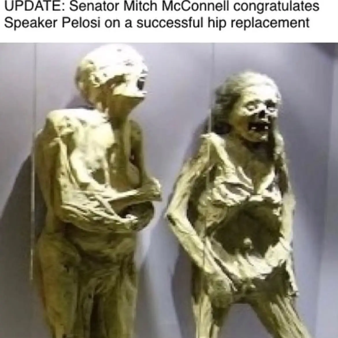Two mummified human bodies, one male and one female, are displayed side by side in what appears to be a museum setting. The…