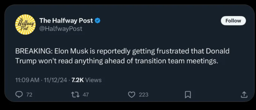 A screenshot of a tweet from 'The Halfway Post' account, which reads 'BREAKING: Elon Musk is reportedly getting frustrated…