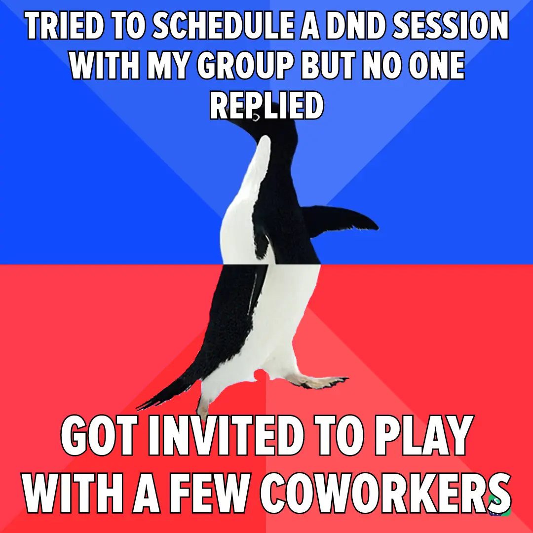 A penguin stands upright against a blue and red background, with white text overlaid in two sections. The top text reads…