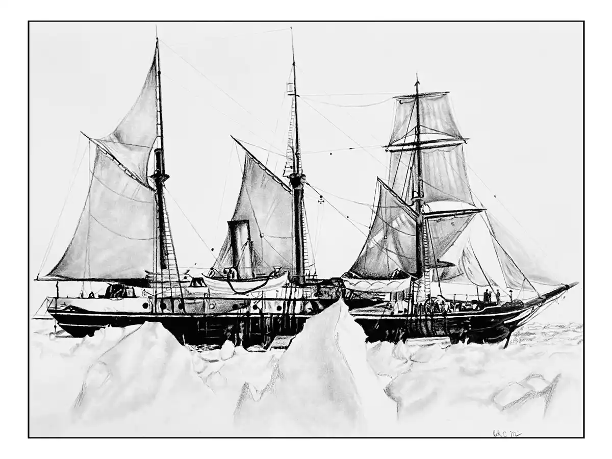 A black-and-white sketch depicts two sailing ships trapped in ice floes, with one ship showing a visible steam engine…