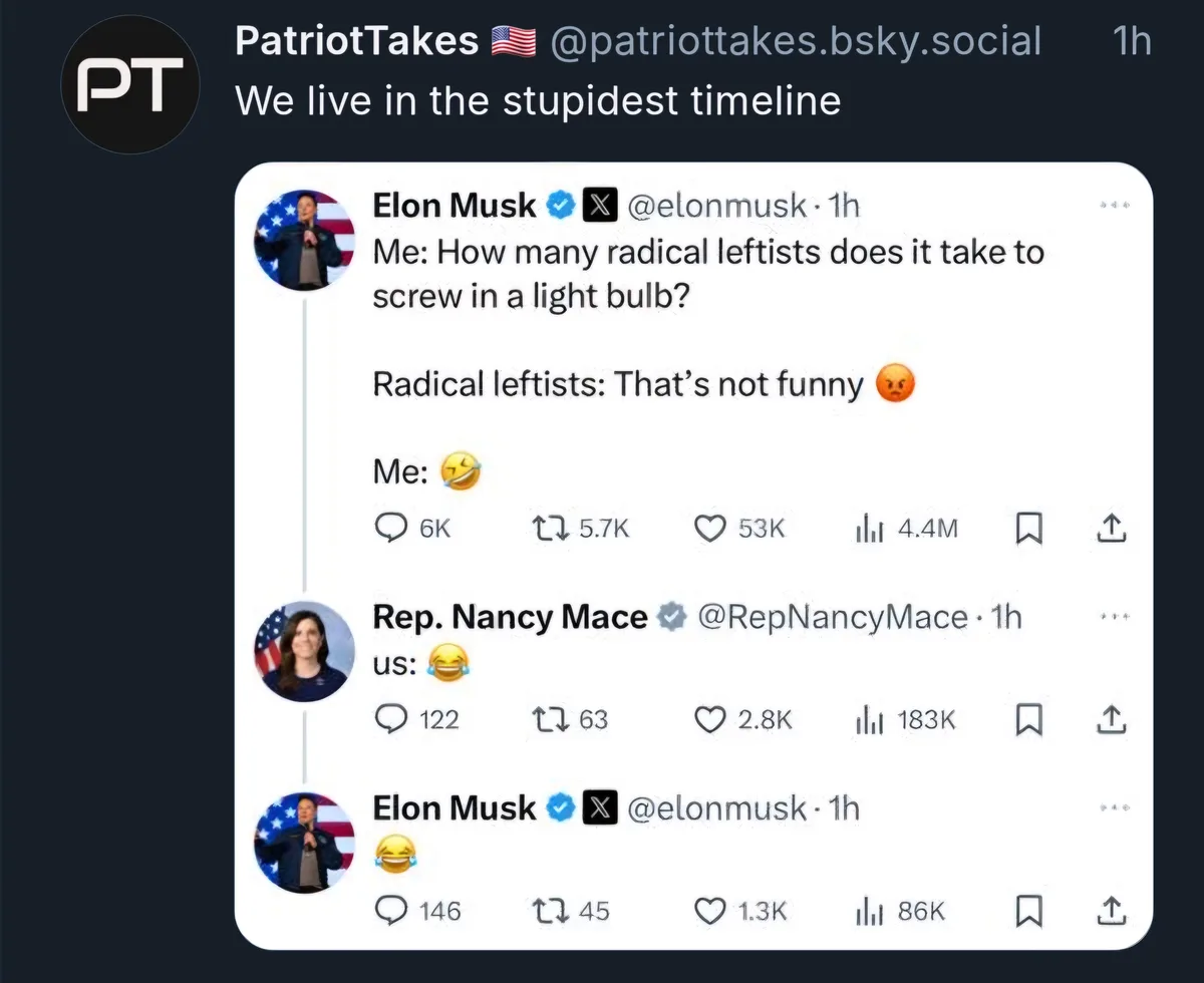 A screenshot of a social media thread shows Elon Musk posting a joke about how many radical leftists it takes to screw in a…