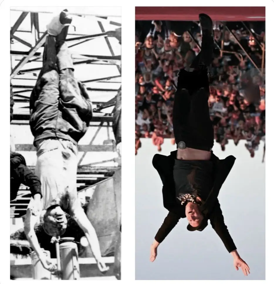 The image displays two side-by-side photos of men hanging upside down in mid-air. The left photo is black and white, showing…
