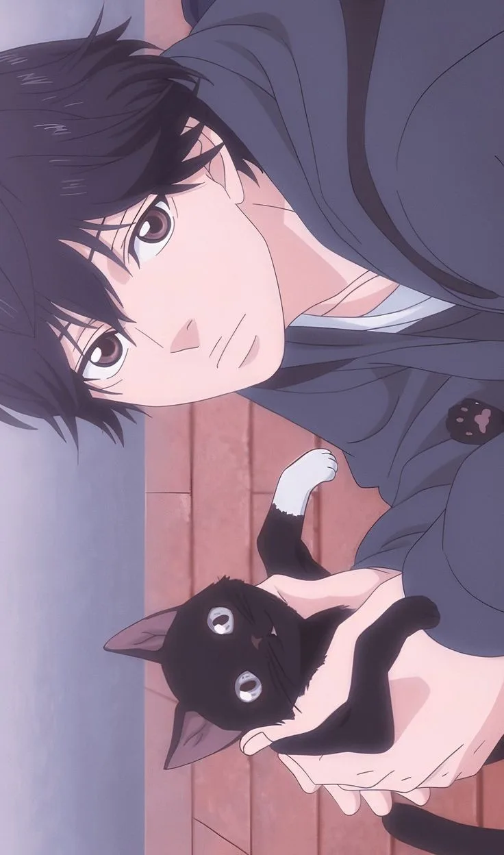 An anime-style illustration shows a young man with dark hair and a hoodie looking down at a small black cat with white paws…