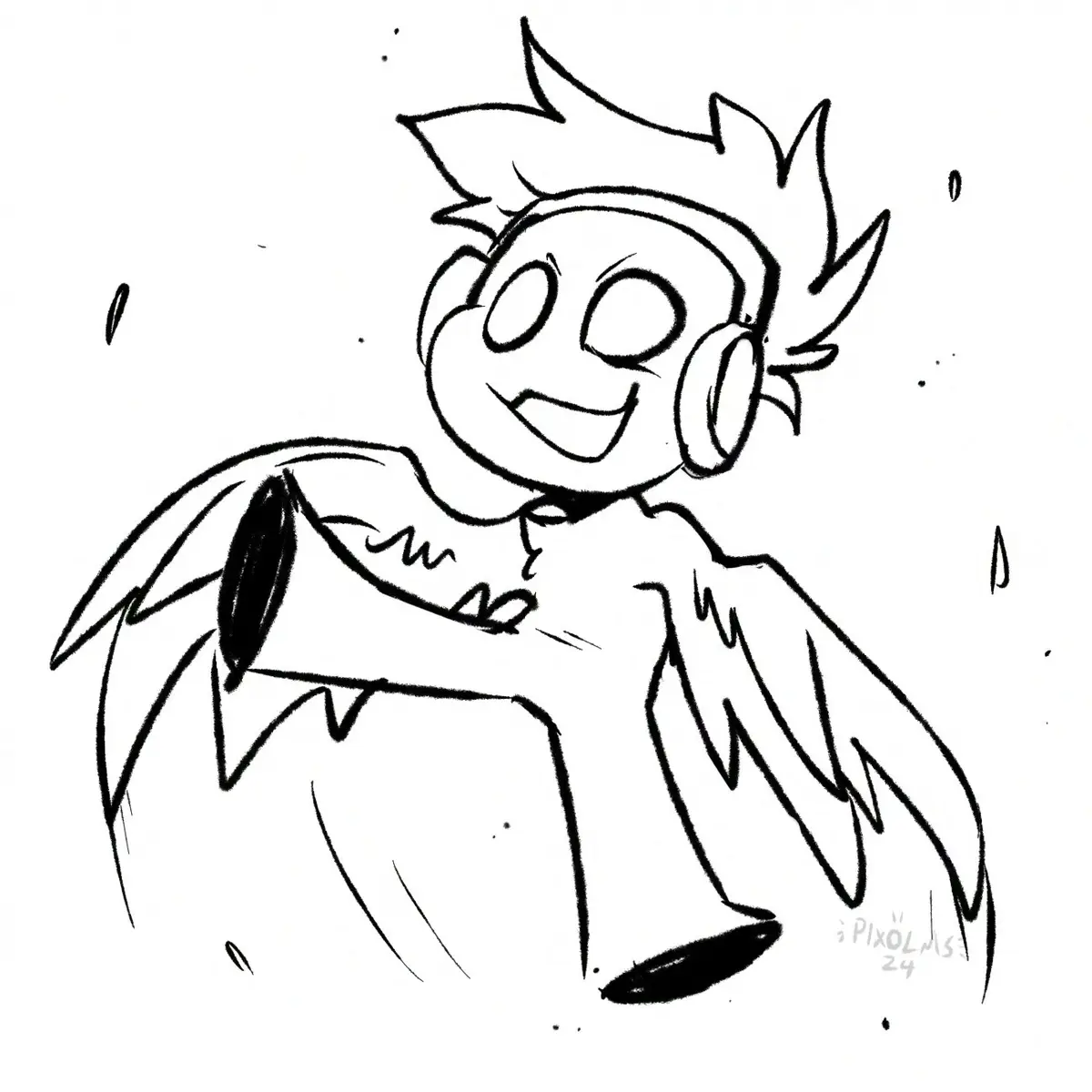 A black-and-white line drawing shows a cartoon character with spiky hair, headphones, and large angel wings, smiling…