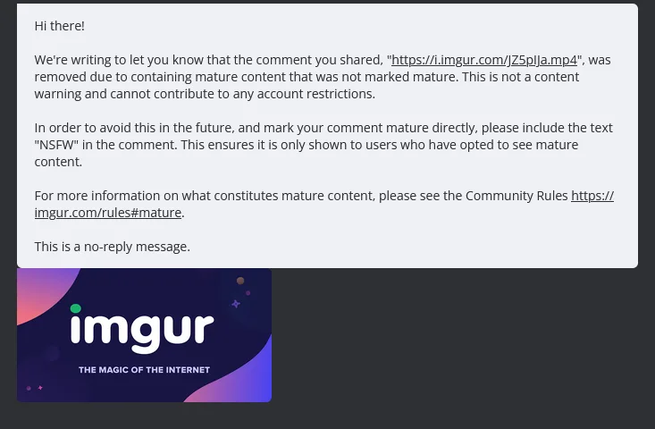 An Imgur notification email explaining that a user's comment, linked to a video file, was removed for lacking an 'NSFW' tag…