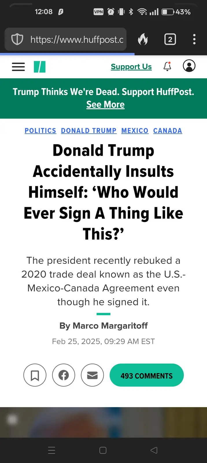 A screenshot of a HuffPost article titled 'Donald Trump Accidentally Insults Himself: 'Who Would Ever Sign A Thing Like…