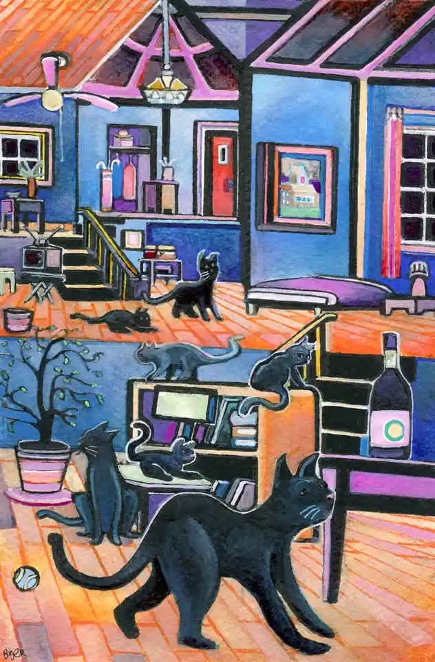 A colorful, stylized painting of a house interior filled with numerous black cats in various poses—walking, sitting, lying…